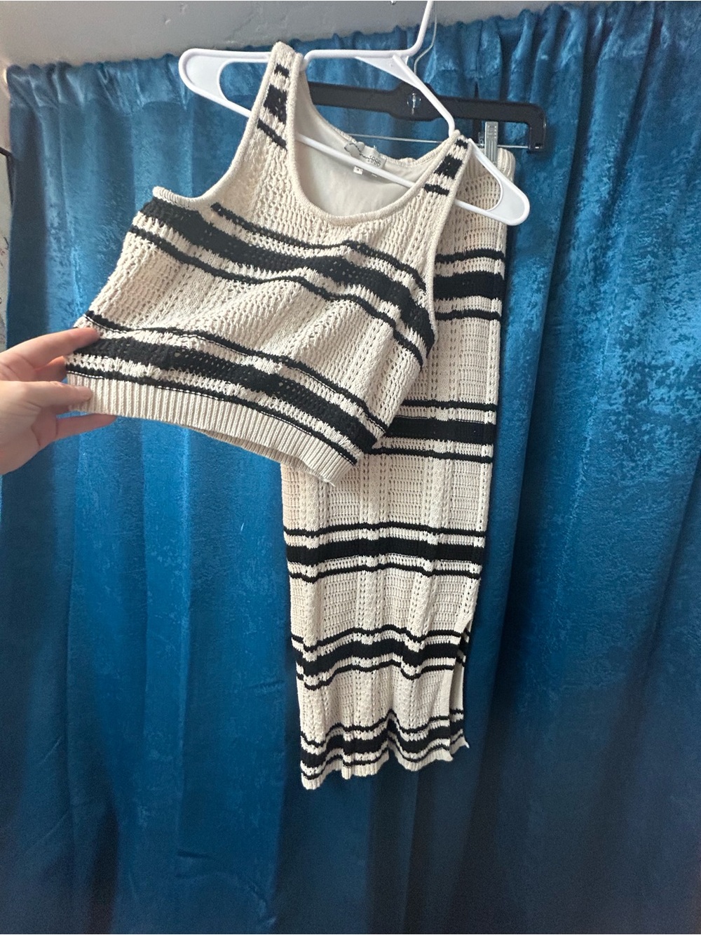 Freshman Cream and Black Striped Crochet Crop Tank